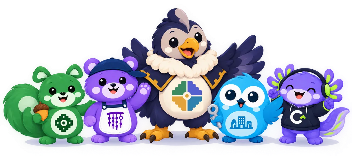La familia Andeon: Mina la ardilla verde, Vale la osita lila, Apu el cóndor al centro, Nico el búho azul y Kody el ajolote morado